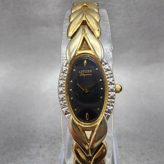 Citizen Elegance Watch Women 15mm Black Dial Gold Tone Oval 5421F44701 New Batt0