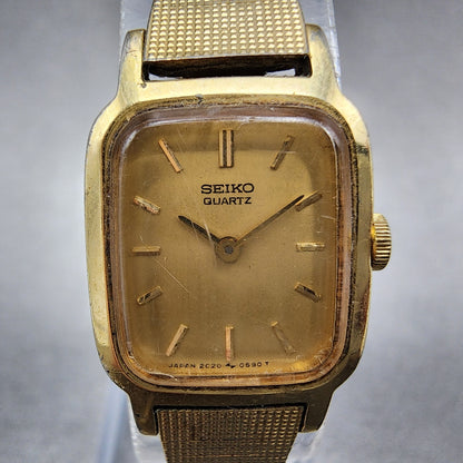 VTG Seiko Watch Women 17mm Gold Dial Gold Tone Rectangle 2C20-5320 New Battery