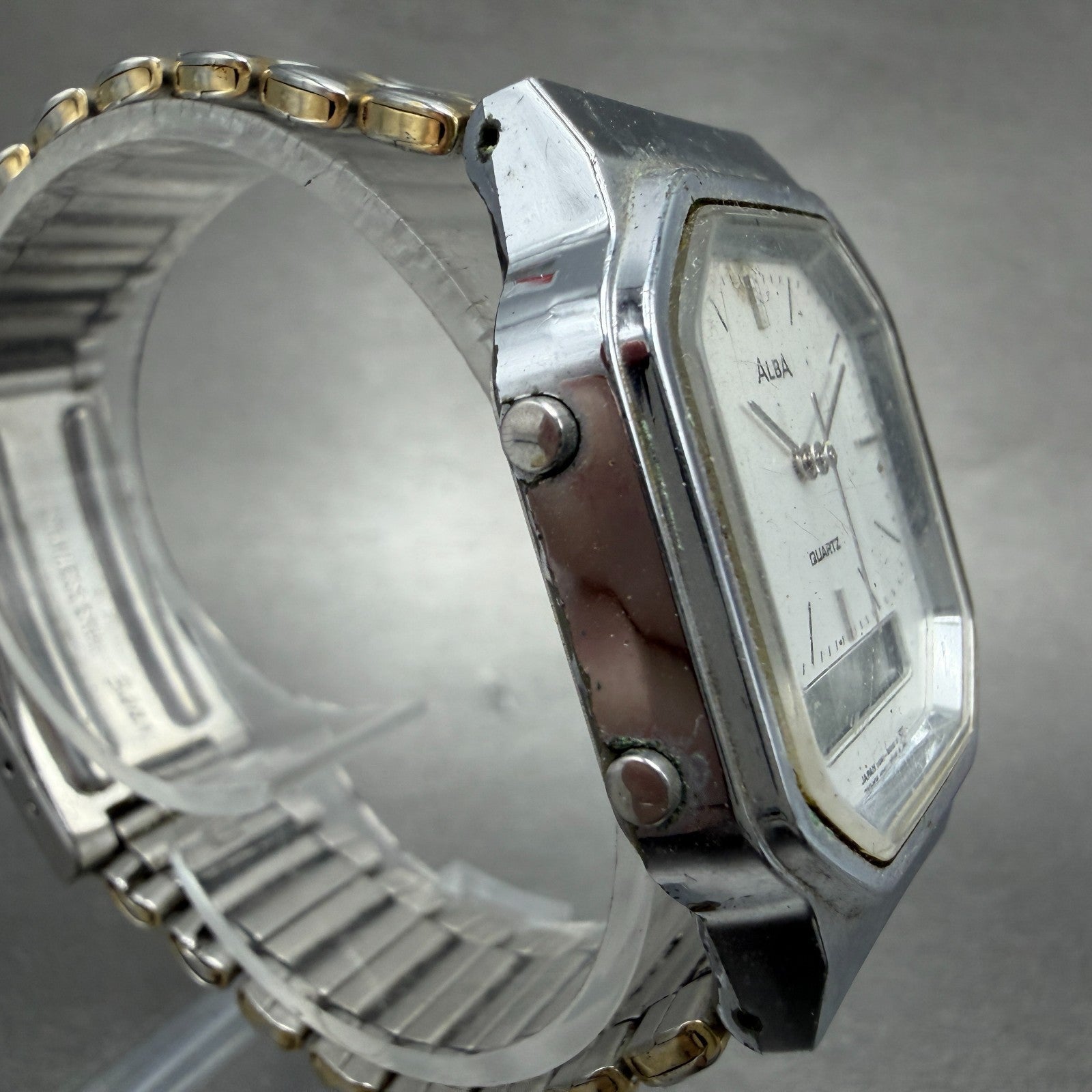 Seiko ALBA Watch Men 32mm Silver Dial Two Tone Analog Digital Alarm Chron NewBat3