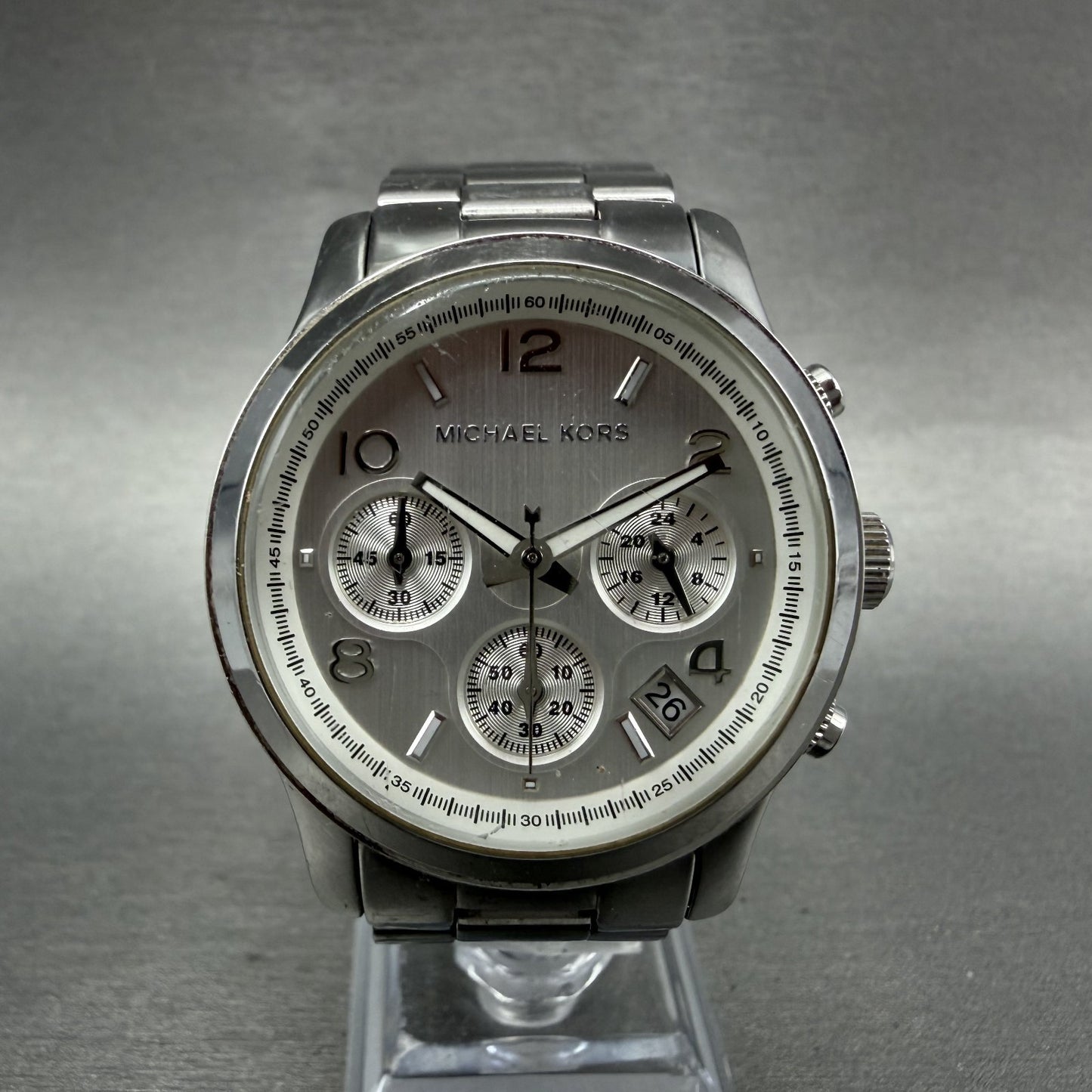 Michael Kors Runway Chronograph Watch Women 38mm Silver Dial Silver Tone New Bat0