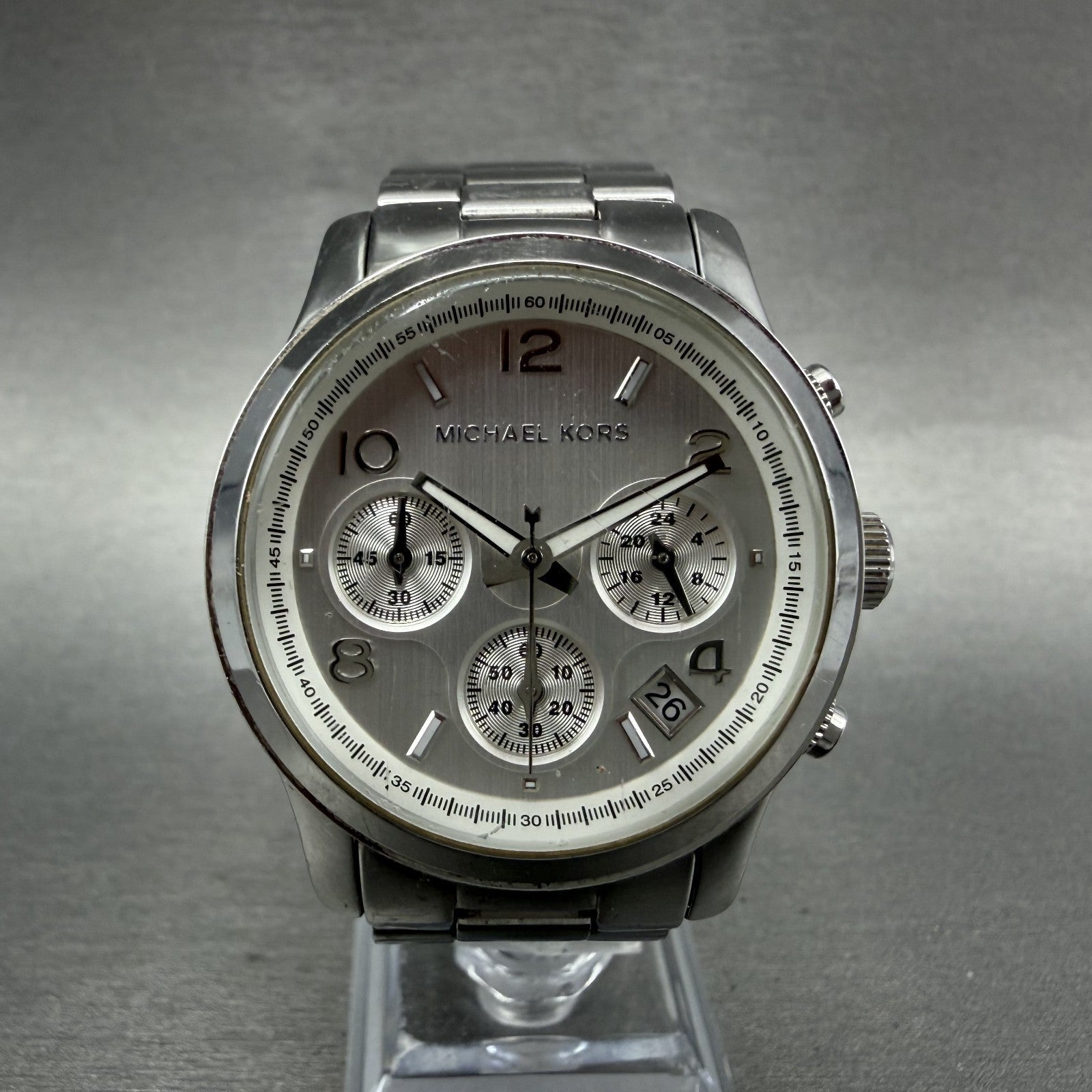 Michael Kors Runway Chronograph Watch Women 38mm Silver Dial Silver Tone New Bat0