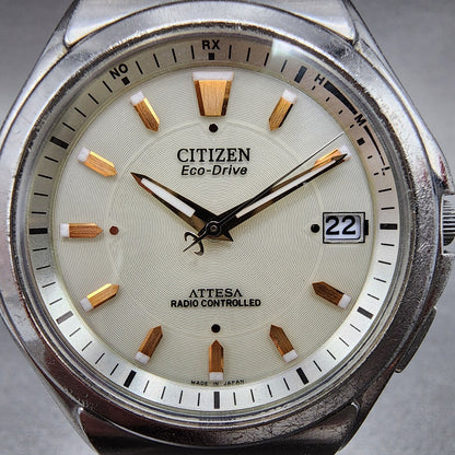 Citizen Attesa Watch Men 38mm Cream Dial Titanium Date Atomic Round Works