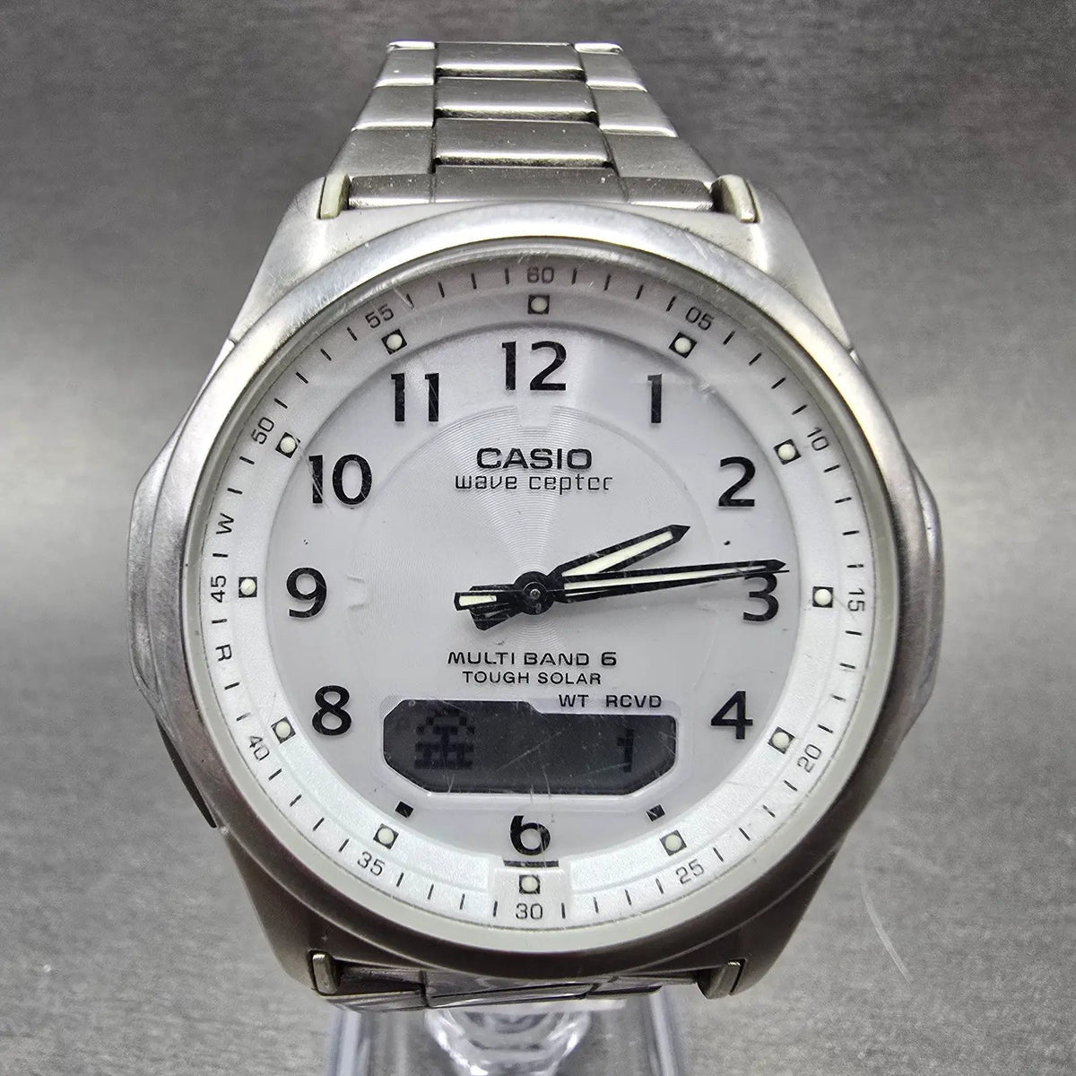 Casio Wave Ceptor Watch Men 42mm White Dial Steel Solar Analog Digital Works JP0