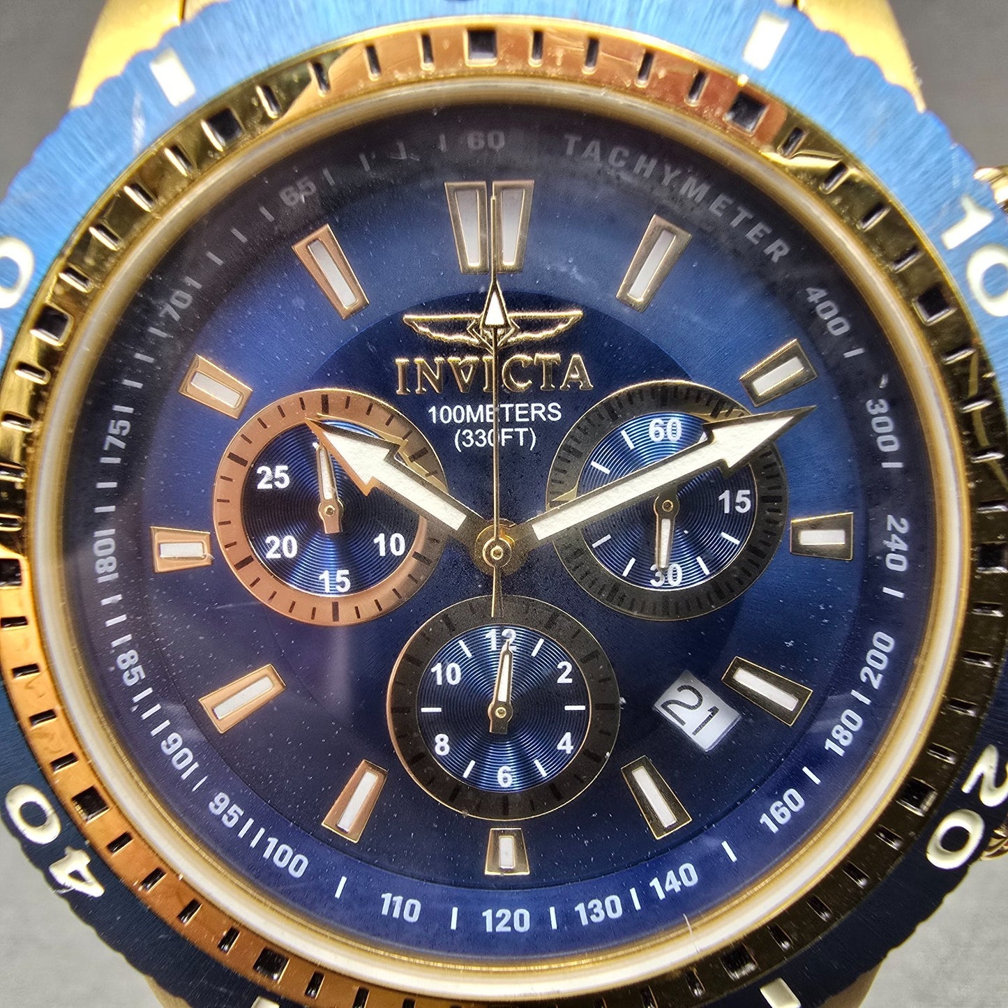 Invicta Chronograph Dive Watch Men 45mm Blue Dial Gold Tone 1205 New Battery1