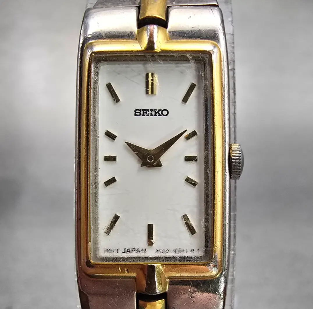 Seiko Watch Women 13mm White Dial Two Tone Rectangle 2E20-7479 New Battery VTG1
