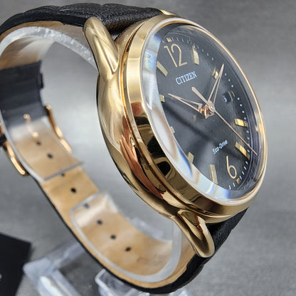 Citizen EcoDrive Watch Women 36mm Black Dial Rose Gold Tone Date Round FE60834