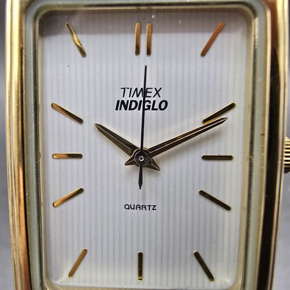 Timex Tank Watch Men 25mm White Dial Gold Rectangle Indiglo New Battery VTG1
