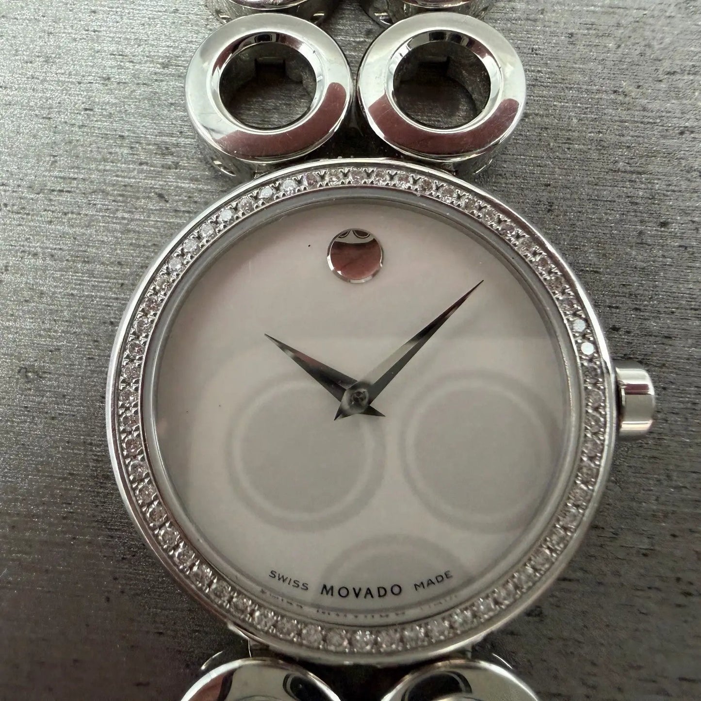 Movado Ono Watch Women 30mm MOP Dial Steel Diamond Bezel 0606098 READ!! New batt1
