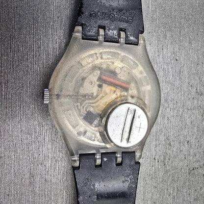 Swatch Porte Jarretelles Watch Men 34mm Black Dial Clear Case GK316 New Battery10