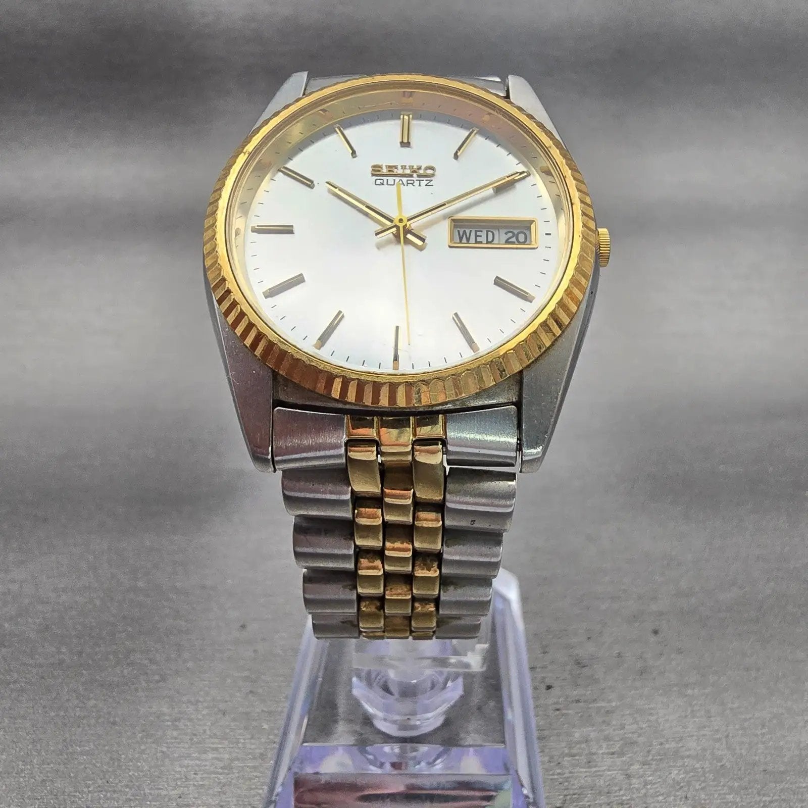 Seiko President Watch Men 37mm Silver Dial Two Tone Daydate 7N43-8111 New Batt5
