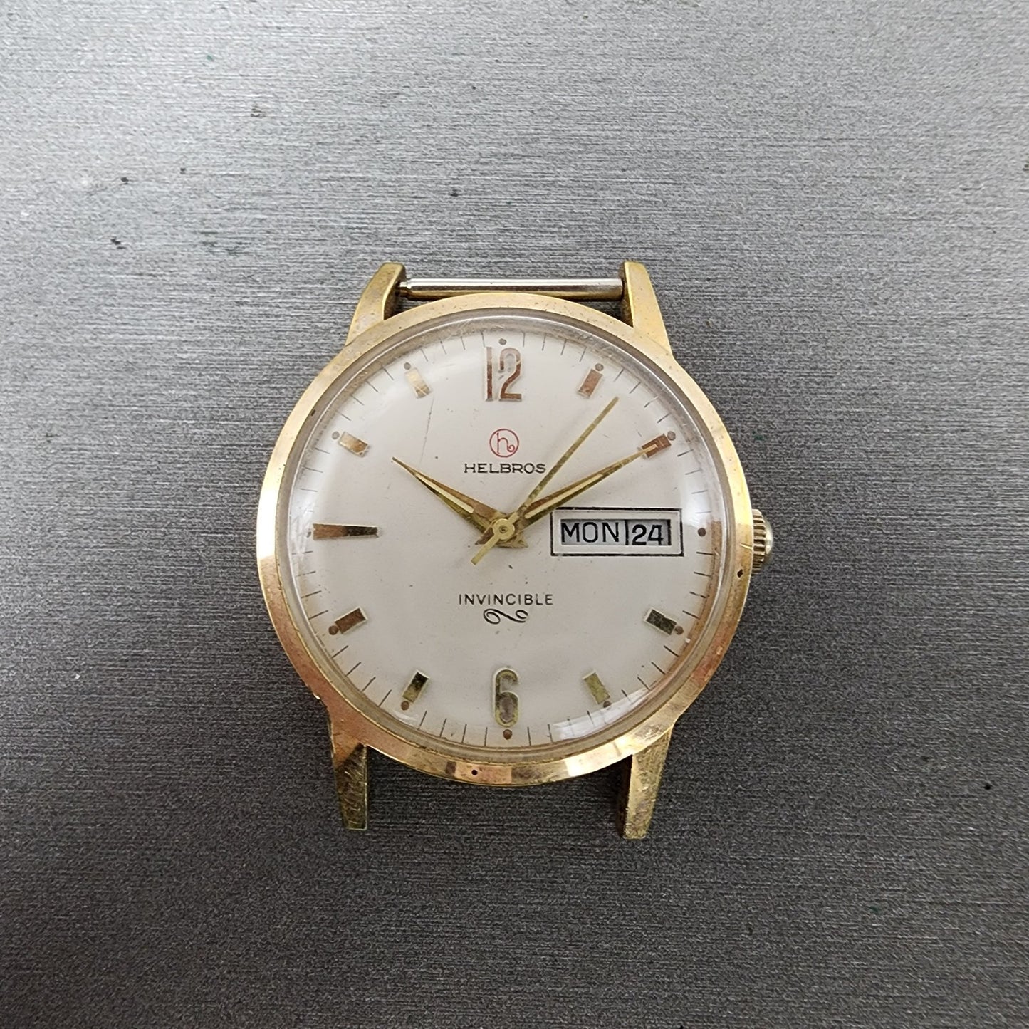 Helbros Watch Men 34mm White Dial Gold Tone Daydate Round Manual Wind Runs READ!0