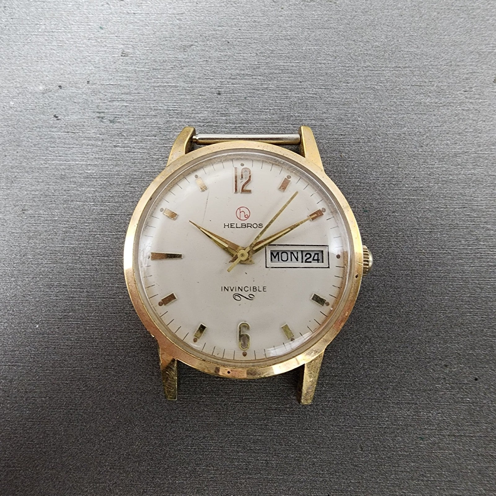 Helbros Watch Men 34mm White Dial Gold Tone Daydate Round Manual Wind Runs READ!0
