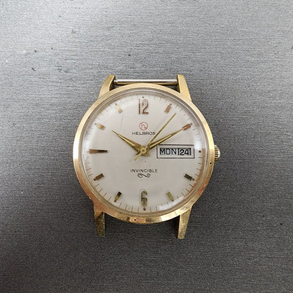Helbros Watch Men 34mm White Dial Gold Tone Daydate Round Manual Wind Runs READ!0