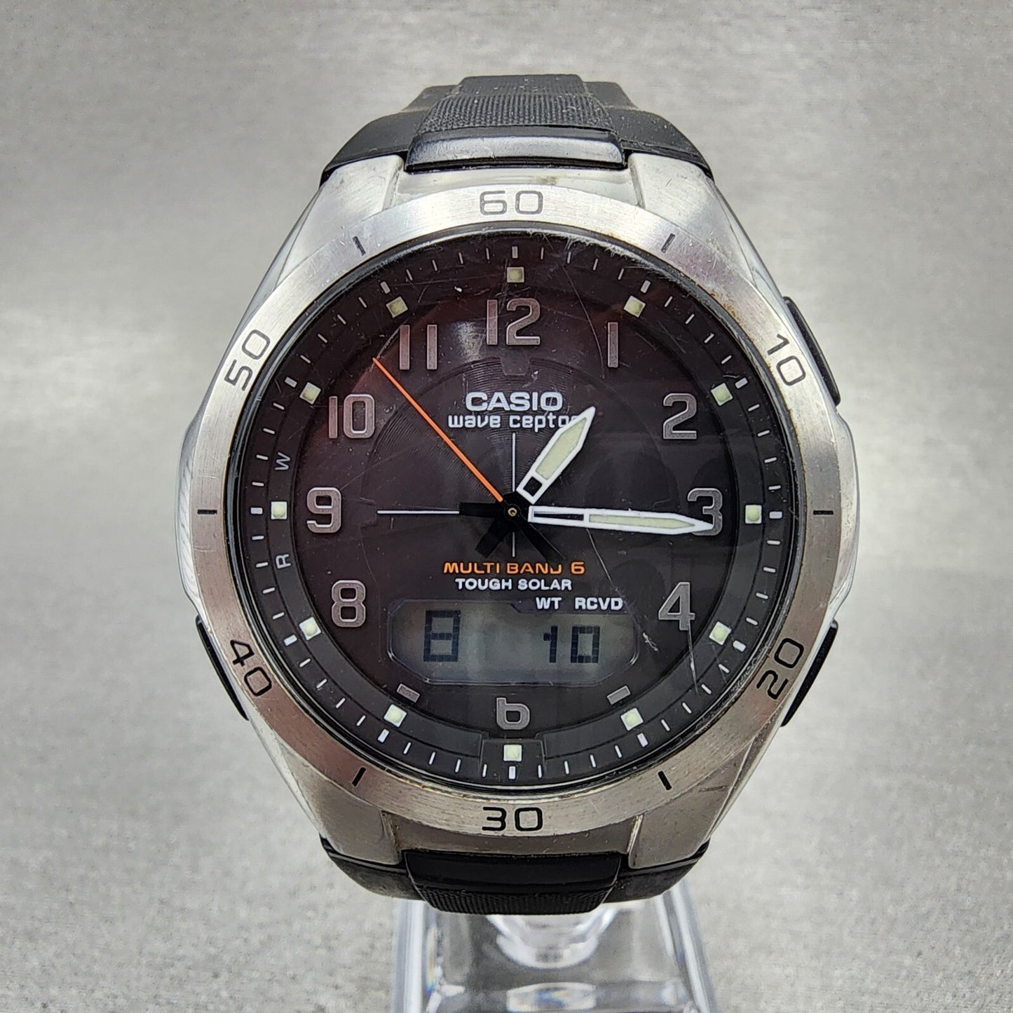 Casio Wave Ceptor Watch Men 43mm Black Dial Silver Tone Analog Digital  Solar0