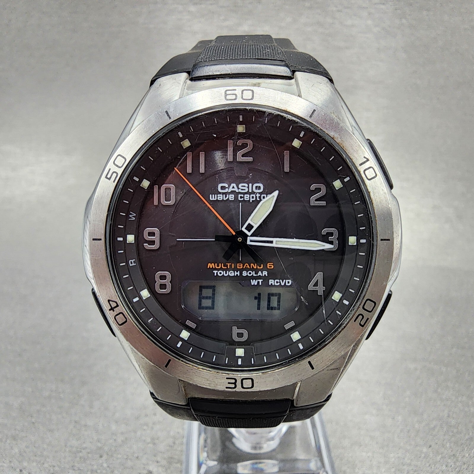 Casio Wave Ceptor Watch Men 43mm Black Dial Silver Tone Analog Digital  Solar0