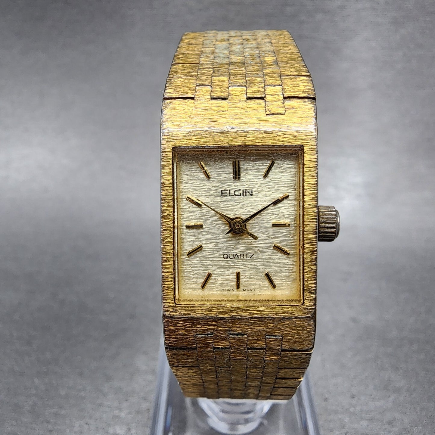 Elgin Tank Watch Women 16mm Champagne Dial Gold Tone Date Rectangle New Battery0