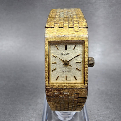 Elgin Tank Watch Women 16mm Champagne Dial Gold Tone Date Rectangle New Battery0