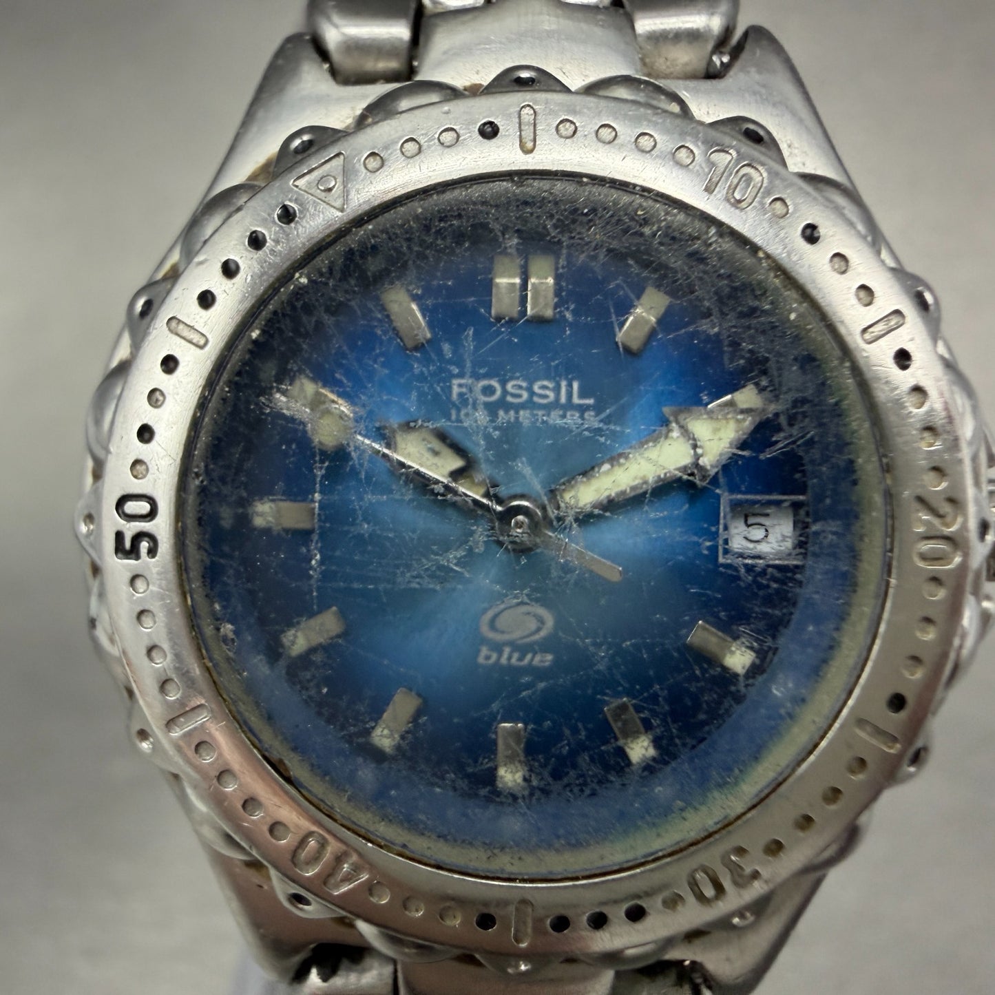 Fossil Blue Dive Watch Women 29mm Blue Dial Silver Tone Date Round AM3581 Newbat1