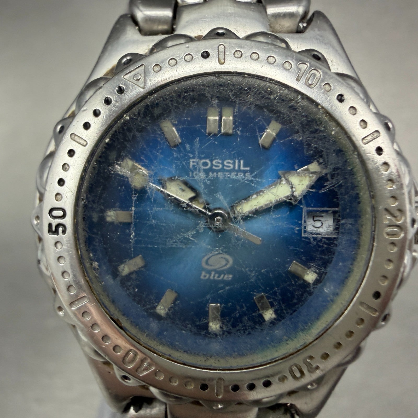 Fossil Blue Dive Watch Women 29mm Blue Dial Silver Tone Date Round AM3581 Newbat1