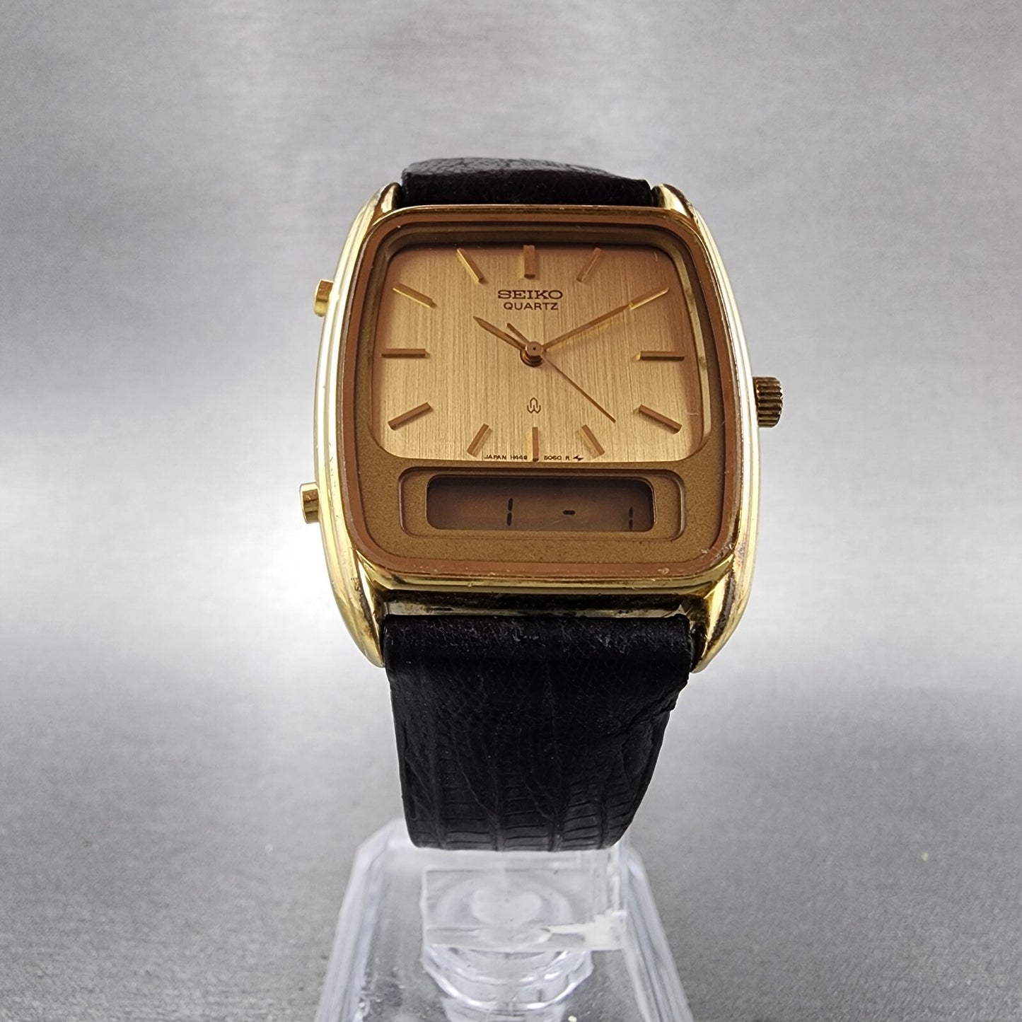 Seiko analog Digital Watch Men 30mm Champagne Dial Gold Tone H449-5060 New Batt