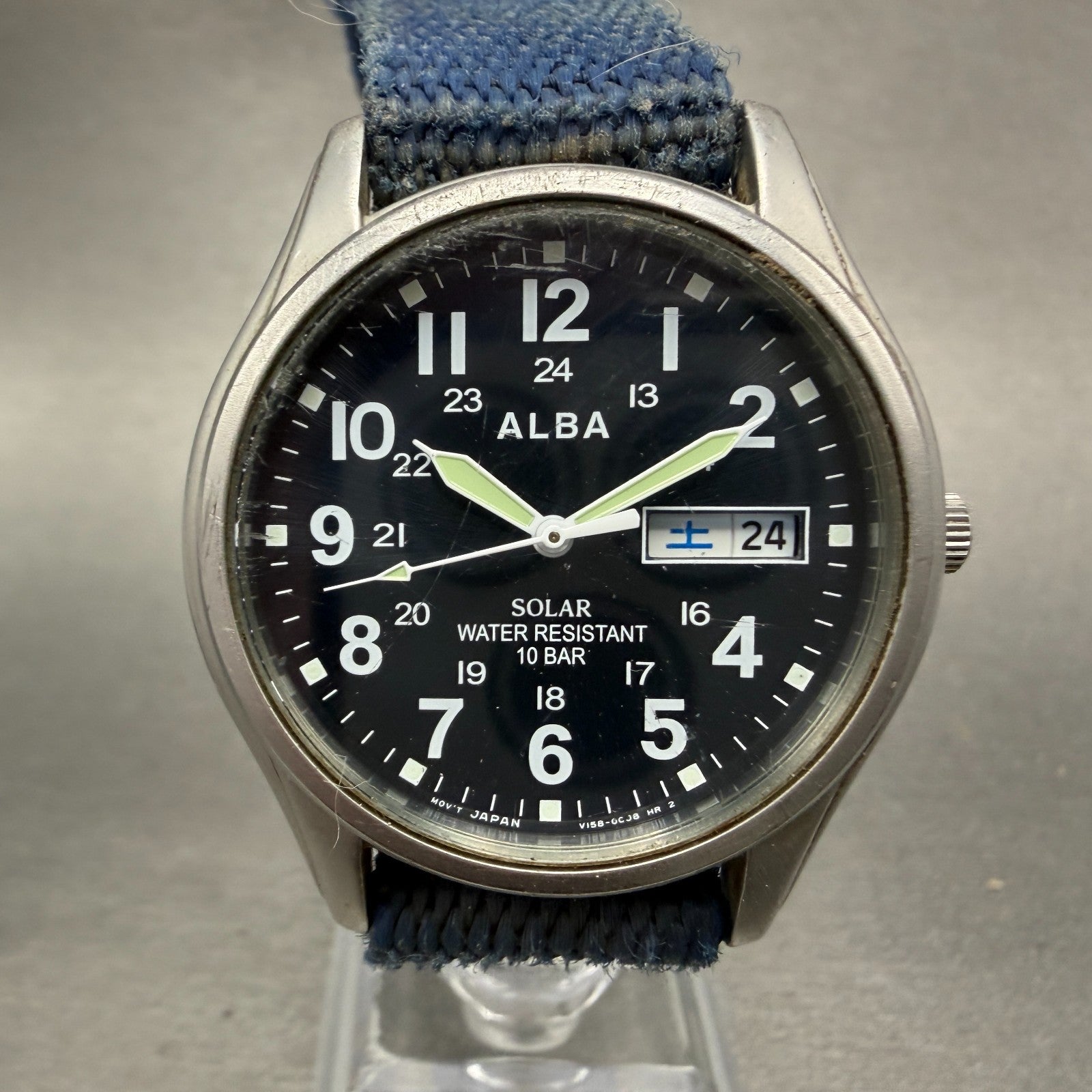 Seiko Alba Solar Watch Men 36mm Blue Dial Silver Tone Daydate V158-0AX0 Runs0