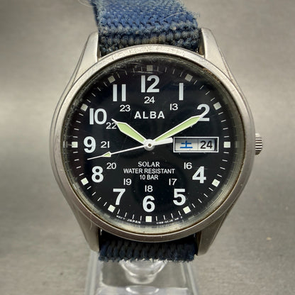 Seiko Alba Solar Watch Men 36mm Blue Dial Silver Tone Daydate V158-0AX0 Runs0