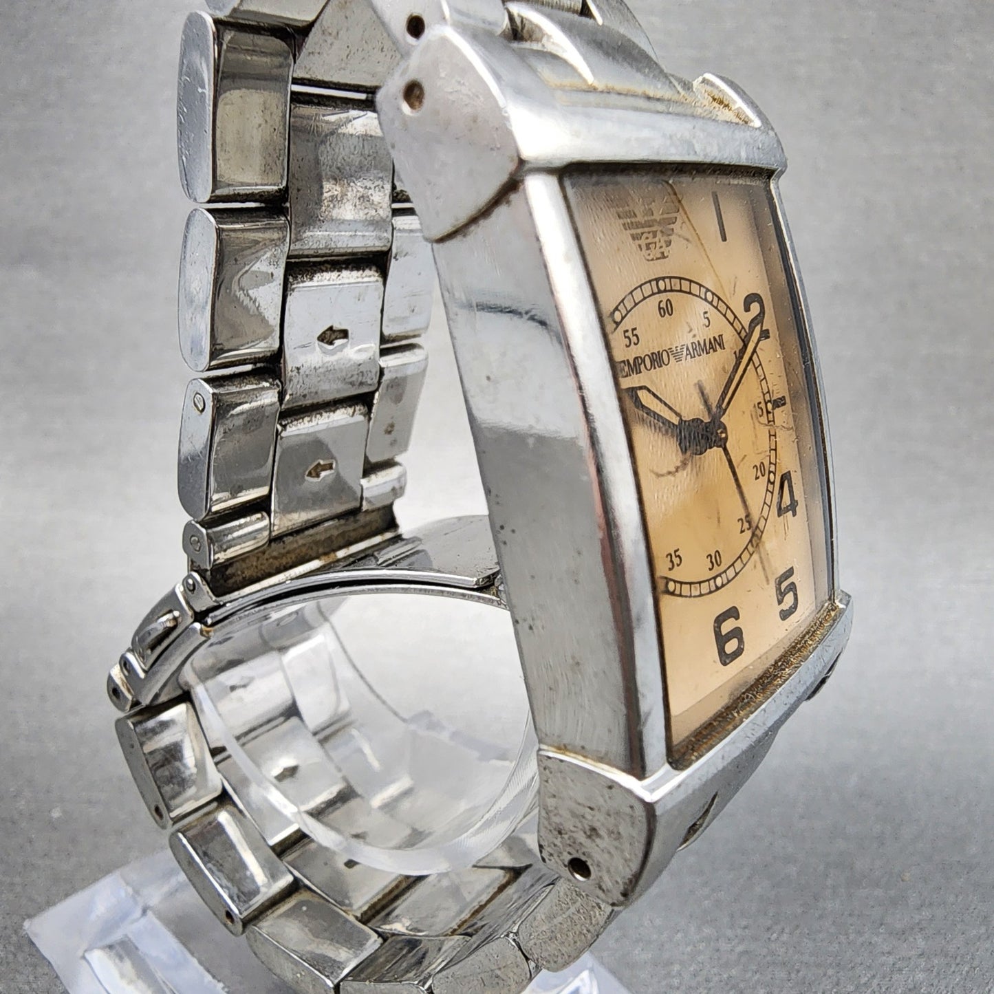 Emporio Armani Tank Watch Men 26mm Cream Dial Silver Tone Rectangle New Battery3