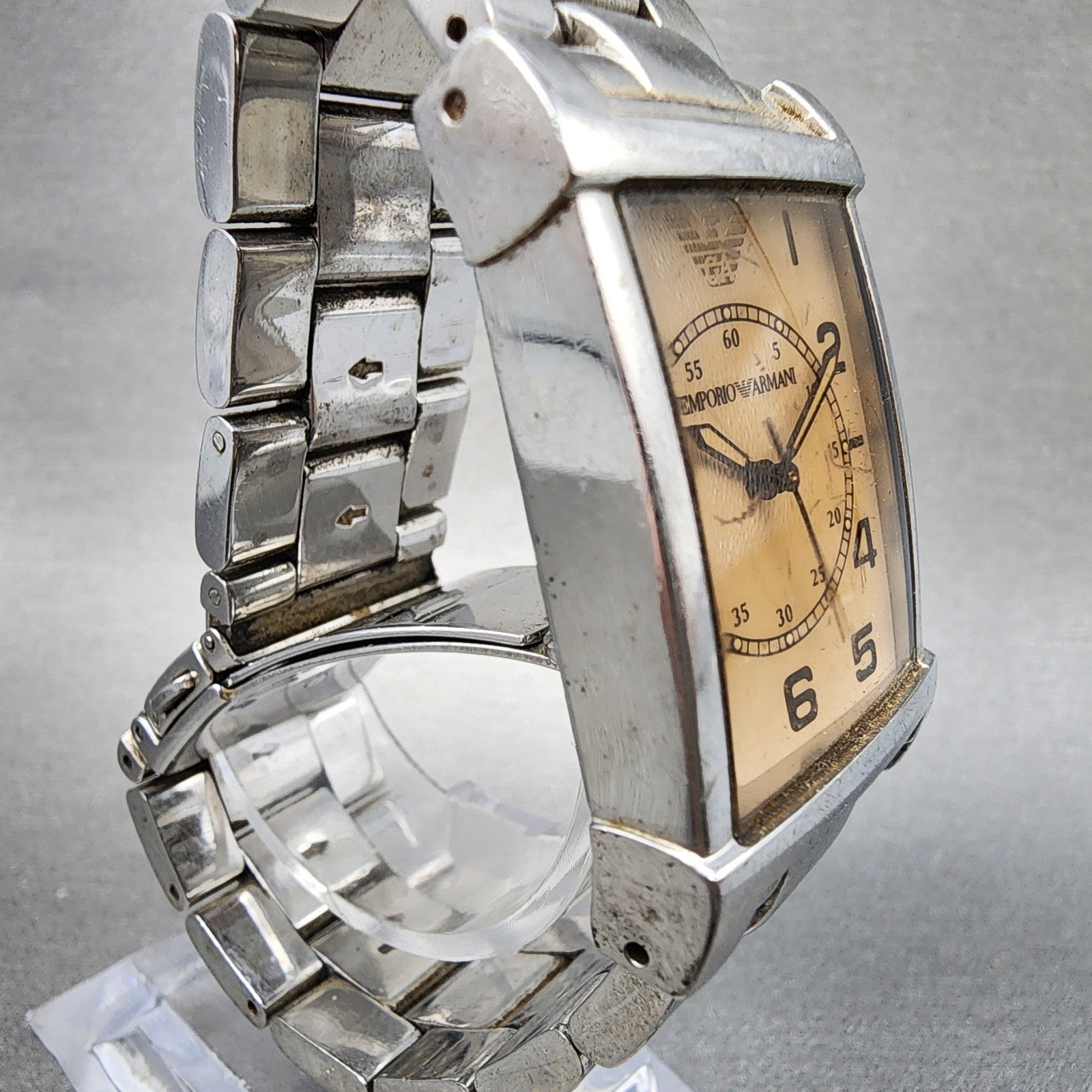 Emporio Armani Tank Watch Men 26mm Cream Dial Silver Tone Rectangle New Battery3