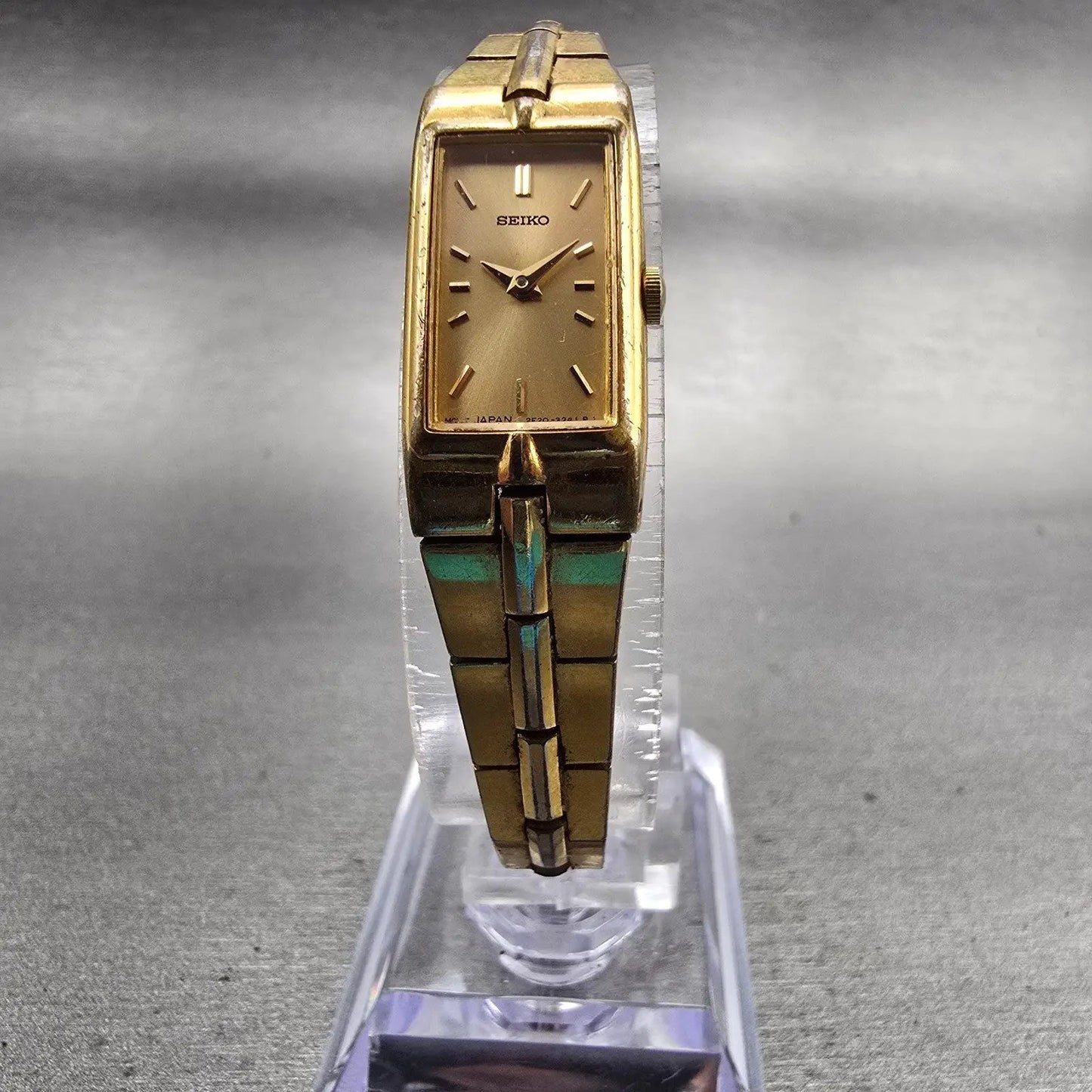 Seiko Watch Women 13mm Gold Dial Gold Tone Rectangle 2E20-7479 New Battery VTG5