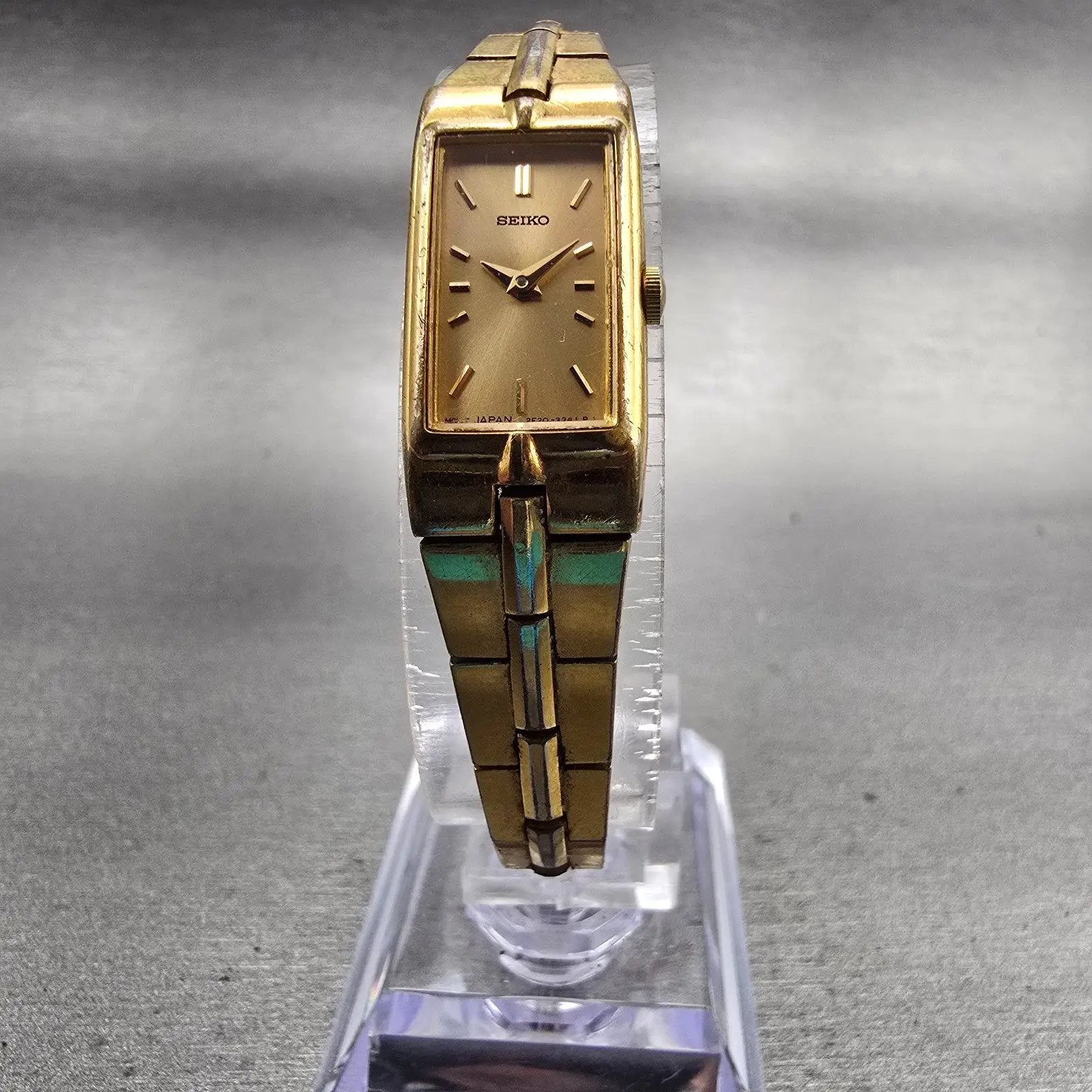 Seiko Watch Women 13mm Gold Dial Gold Tone Rectangle 2E20-7479 New Battery VTG5