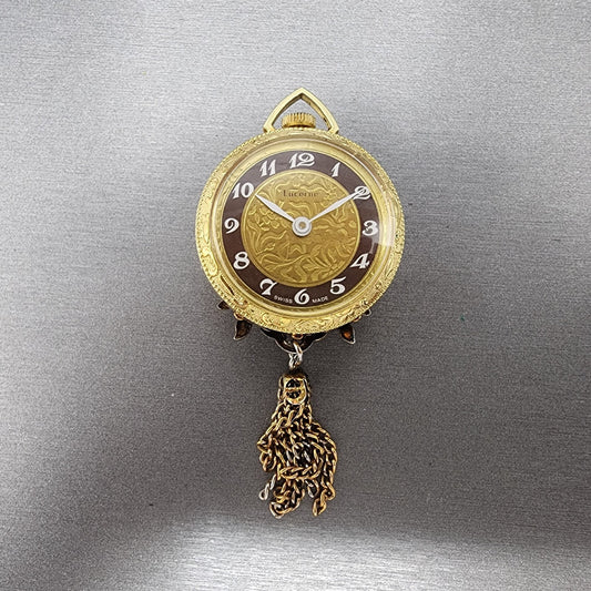VTG Lucerne Pocket Watch Women Gold Tone Floral Brooch Round Manual Wind PARTS