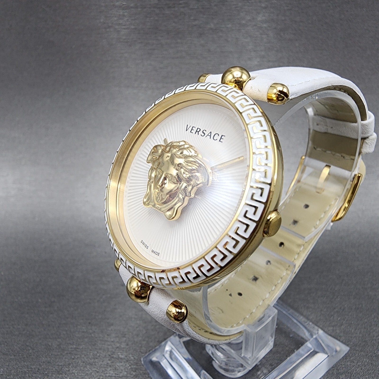 Versace Palazzo Watch Women 39mm White Dial Gold Tone Round Leather Band New Bat2