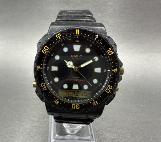 Casio AQ100W Watch Men 45mm Analog Digital Black Tone Alarm Chrono New Battery0