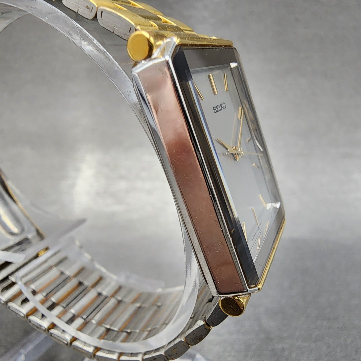Seiko Tank Watch Men 25mm Gray Dial Gold Tone Rectangle 5p315a80 New Battery3