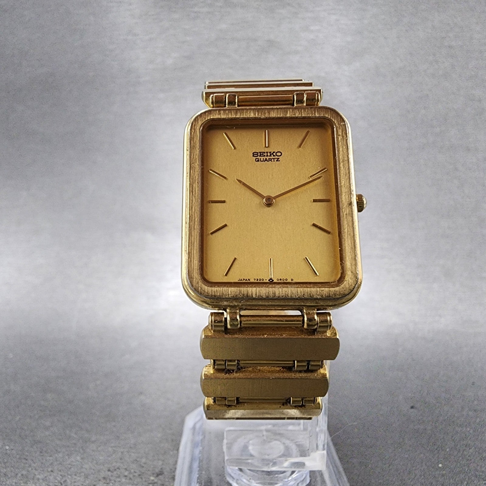 Seiko Tank Watch Men 23mm Champagne Dial Gold Tone Rectangle 73205889 New Batt5