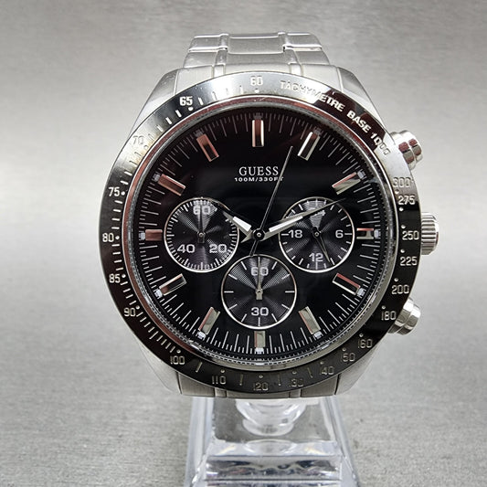 Guess Chronograph Watch Men 42mm Black Dial Steel Round U12505G1 New Battery