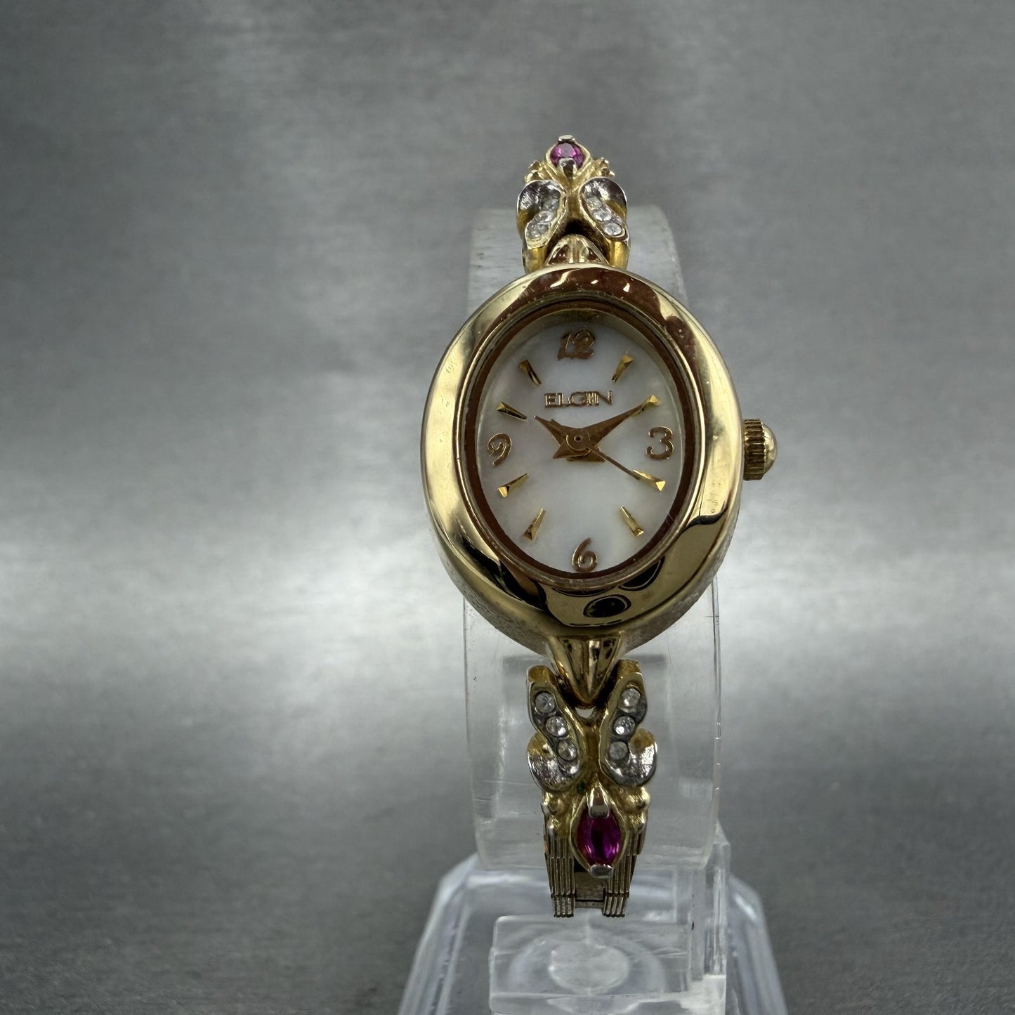 Elgin Watch Women 18mm MOP Dial Gold Tone Oval Ruby Diamond Bezel New Battery AB5