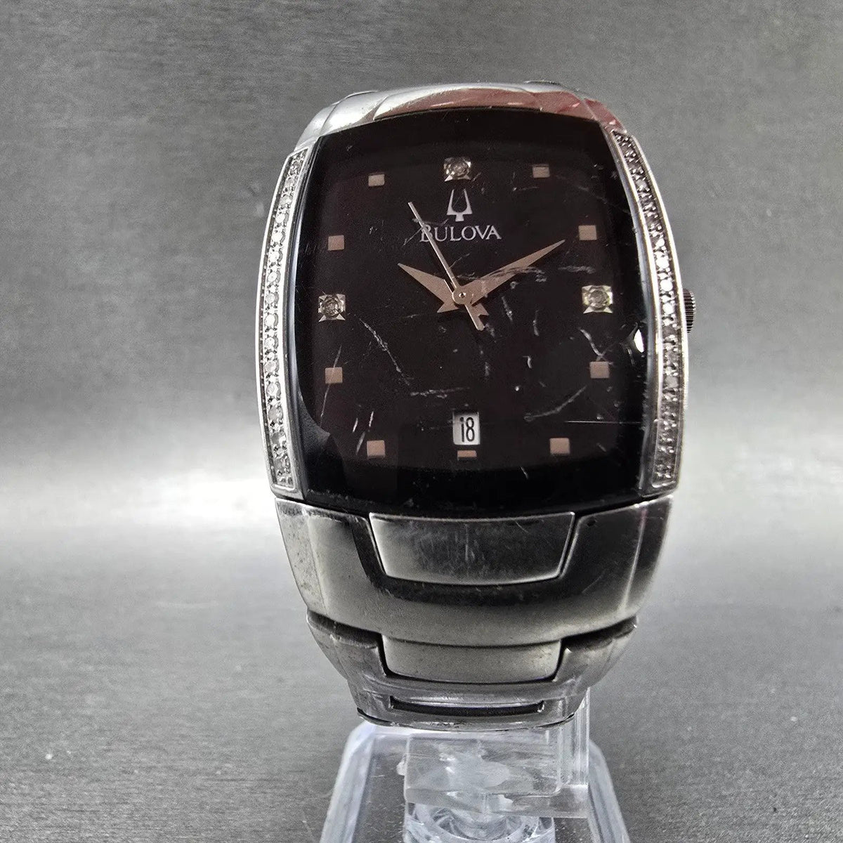 Bulova Watch Men 30mm Black Dial Silver Diamonds Date Rectangle 96E02 New Batt6
