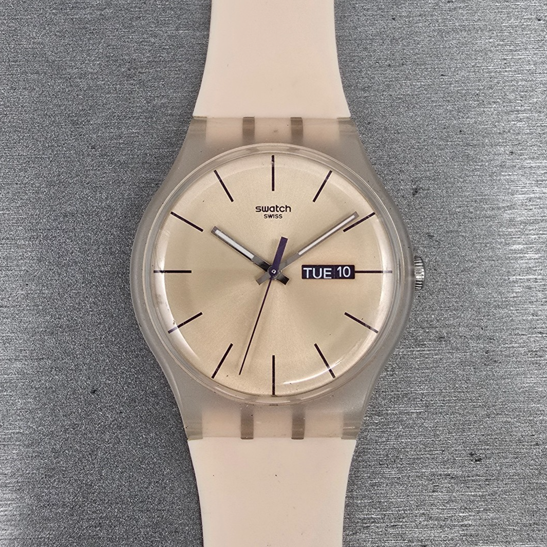 Swatch Rose Rebel Watch Men 41mm Pink Dial Pink Tone Daydate SUOT700 New Batt CH0