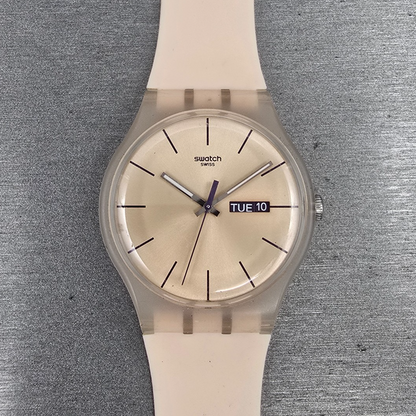 Swatch Rose Rebel Watch Men 41mm Pink Dial Pink Tone Daydate SUOT700 New Batt CH0