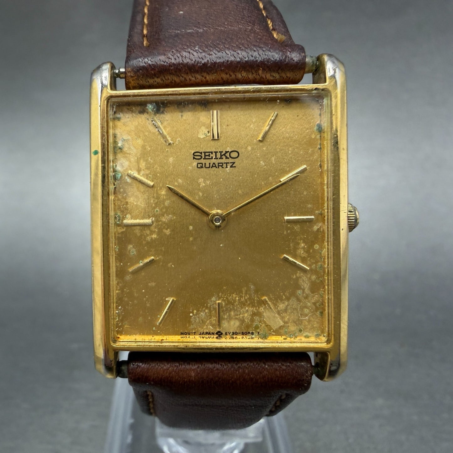 Seiko Tank Watch Men 25mm Champagne Dial Gold Tone Rectangle 5y30-5069 New BattH0