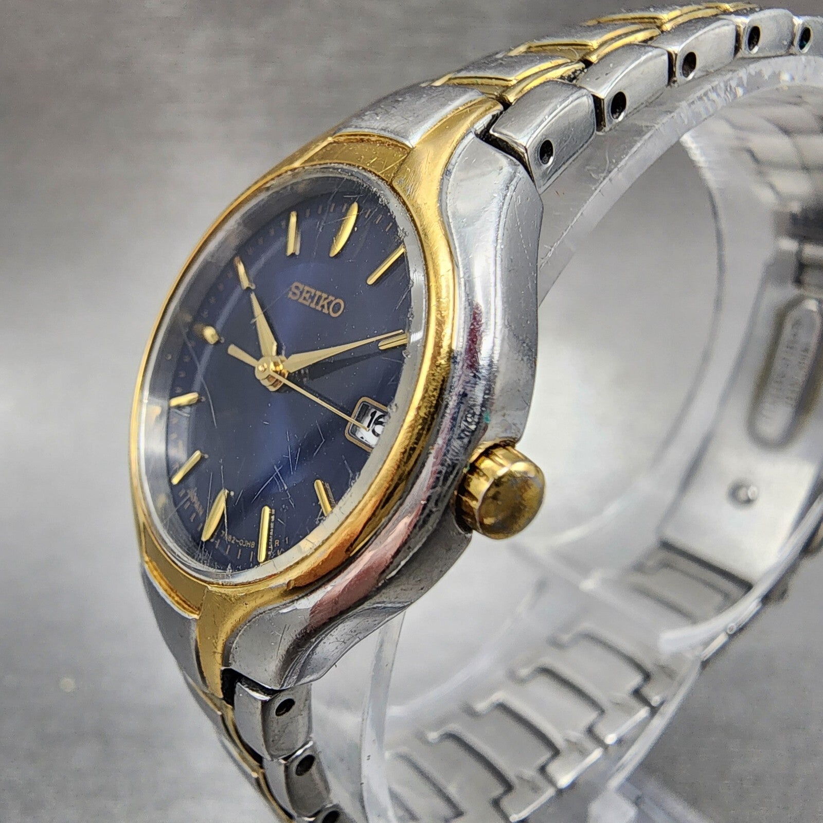 Seiko Watch Women 25mm Blue Dial Two Tone Date Round 7N820DR0 New Battery2