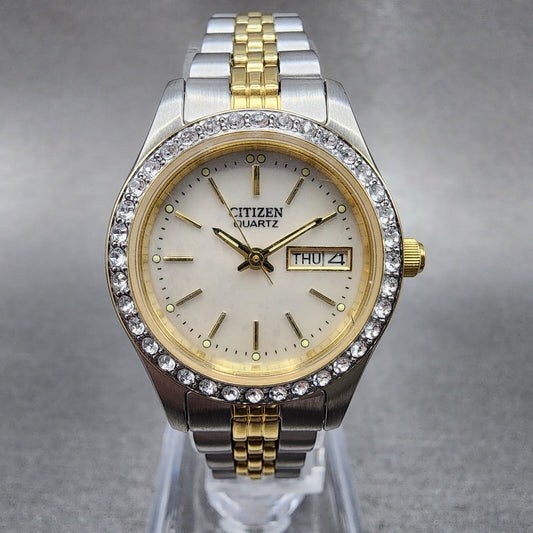Citizen Watch Women 26mm MOP Dial Crystal Bezel Two Tone Daydate EQ0534-50D