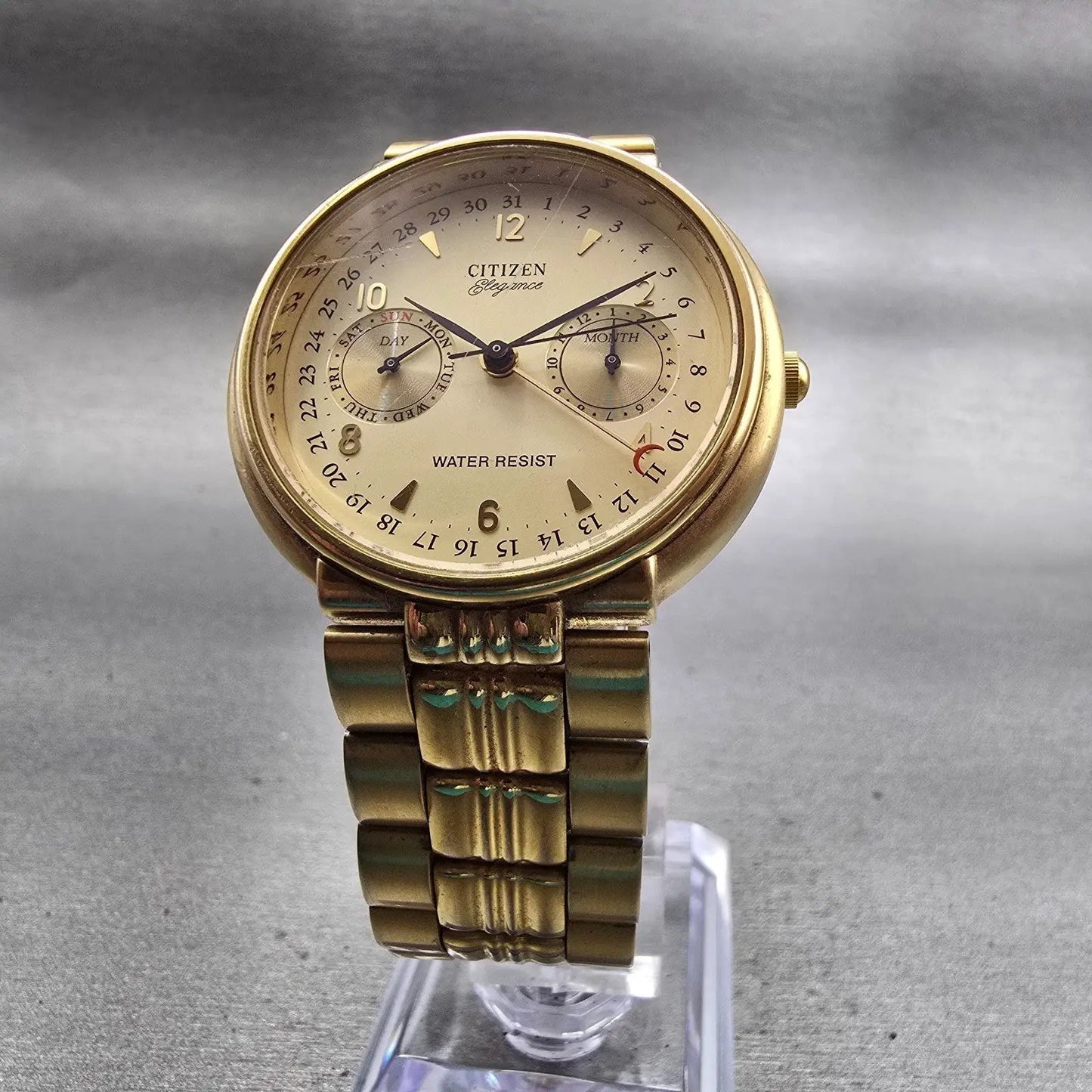 Citizen Elegance Triple Calendar Watch Men 35mm Champagne Dial Gold Tone New Bat5