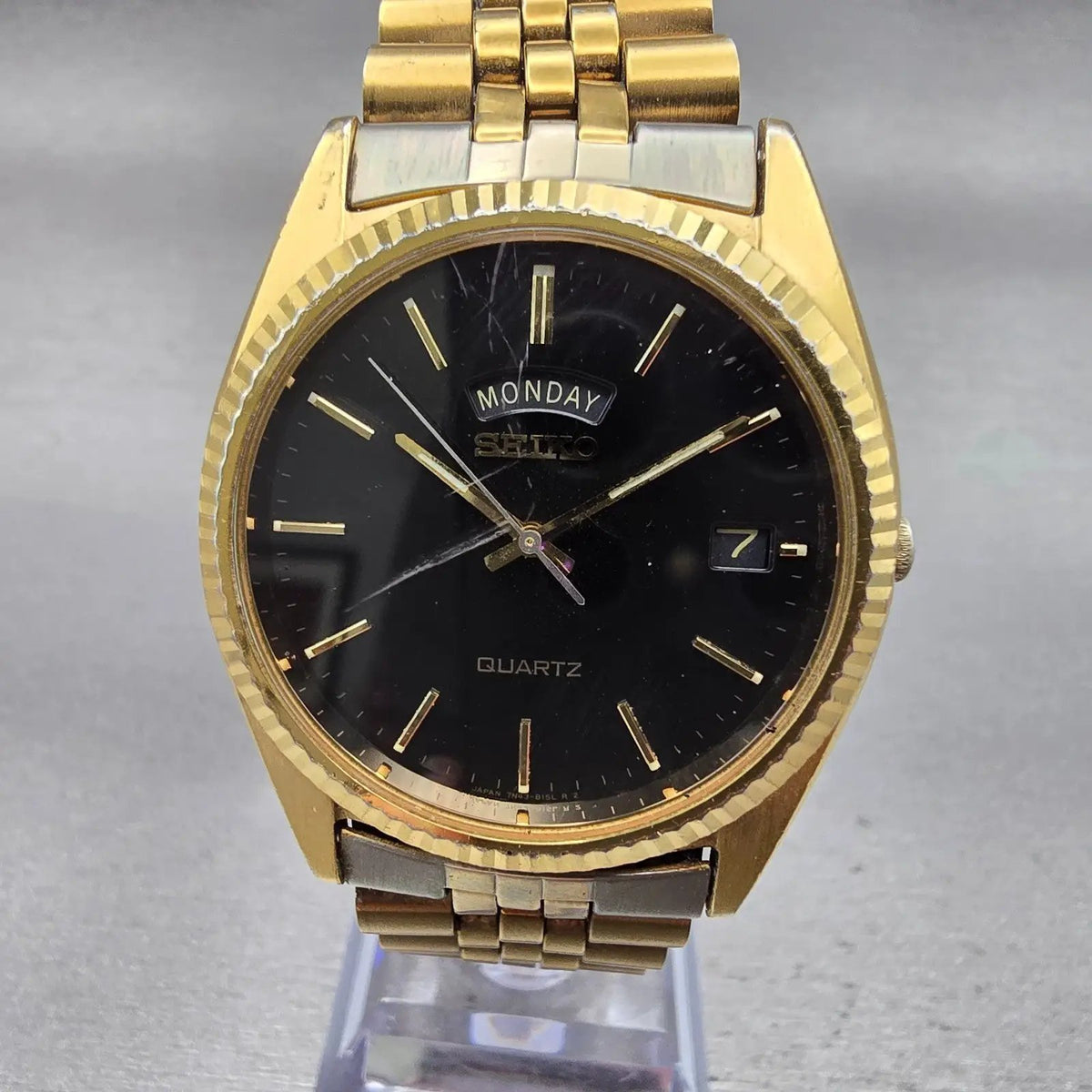 Seiko President Watch Men 37mm Black Dial Gold Tone Daydate 7N43-8119 New Batt1