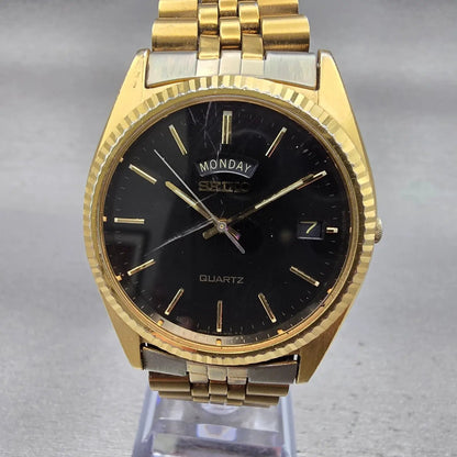 Seiko President Watch Men 37mm Black Dial Gold Tone Daydate 7N43-8119 New Batt1