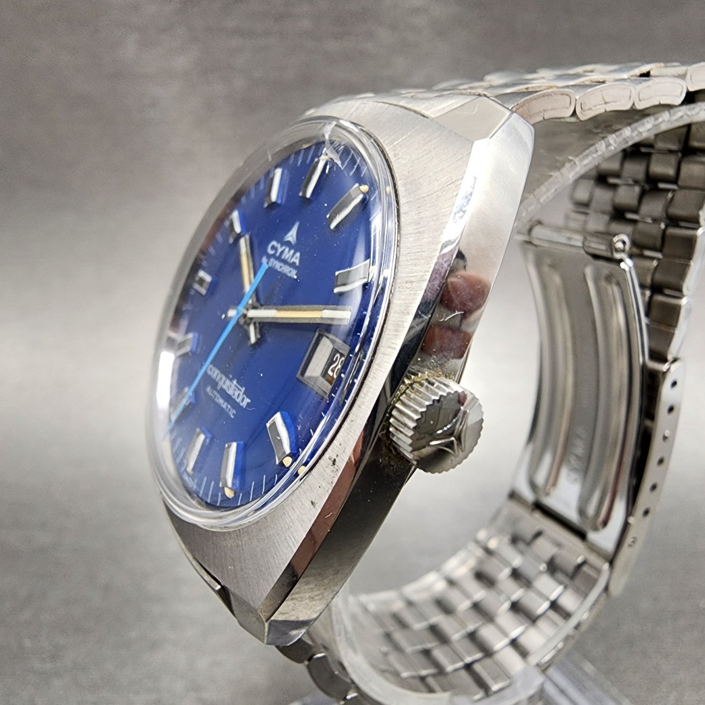 Cyma Conquistador Automatic Watch Men 34mm Blue Dial Steel Date Round Runs