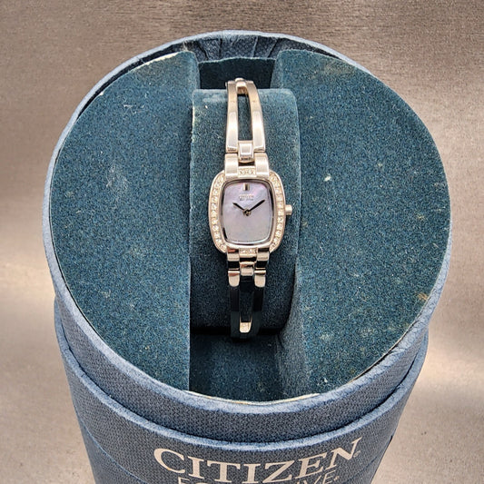 Citizen EcoDrive Watch Women 17mm MOP Dial Steel Rectangle Crystal Works0