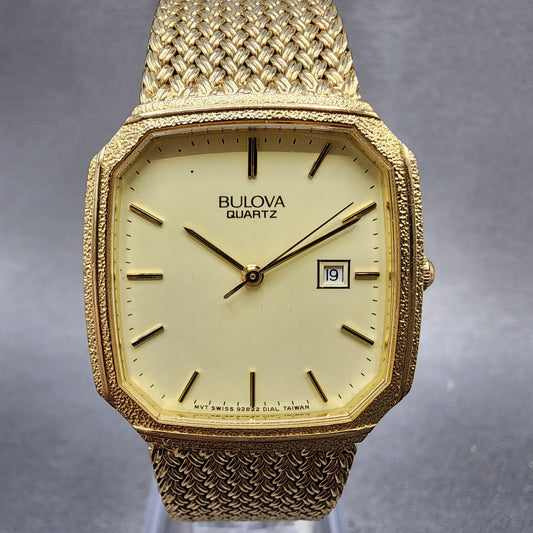 Bulova Tank Watch Men 28mm Gold Dial Gold Tone Date Octagon 92B22 New Battery0