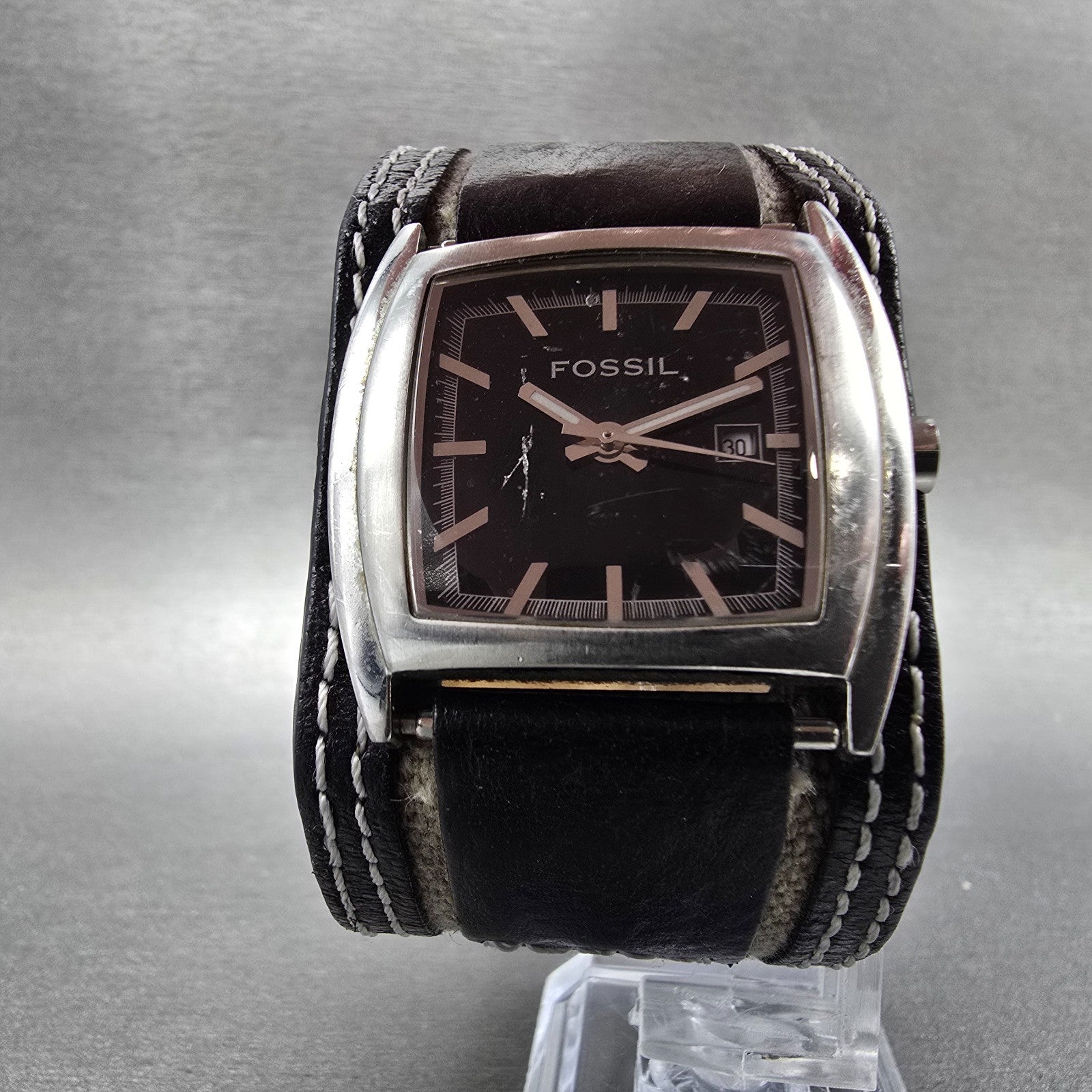 Fossil Watch Women 33mm Black Dial Silver Tone Date Rectangle JR-9777 NewBattery6